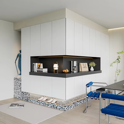 Modern Entryway Cabinet And Sideboard Design With Open Shelf Storage And Decor Items 3d model