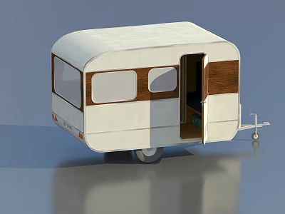 Vintage Travel Trailer With White Exterior Wooden Panel Windows Open Door And Wheels 3d model