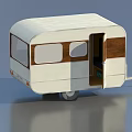 Vintage Travel Trailer With White Exterior Wooden Panel Windows Open Door And Wheels
