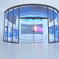 Modern Technology Exhibition Space With Circular Platform Blue Lighting And Digital Screens