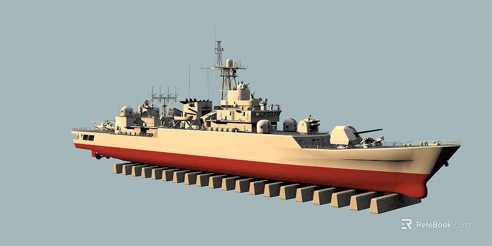 Modern Naval Warship Weapon System With Radar Turrets And Red Hull Design 3d model 