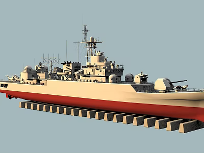 Modern Naval Warship Weapon System With Radar Turrets And Red Hull Design 3d model