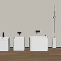 Modern Bathroom Accessories Including White Basins Black Faucets Mop And Broom