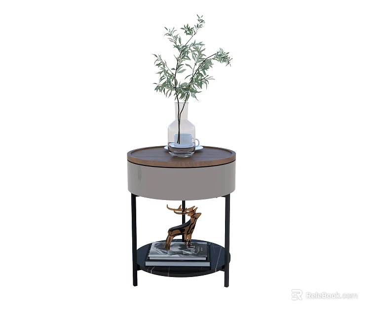 Round Side Table With Wooden Top Metal Legs Glass Vase Green Plant And Deer Figurine 3d model 