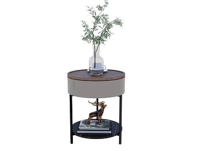 Round Side Table With Wooden Top Metal Legs Glass Vase Green Plant And Deer Figurine 3d model