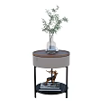 Round Side Table With Wooden Top Metal Legs Glass Vase Green Plant And Deer Figurine