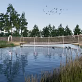 Scenic Bridge Over Calm Water With Tree Reflections And Flock Of Birds At Dusk