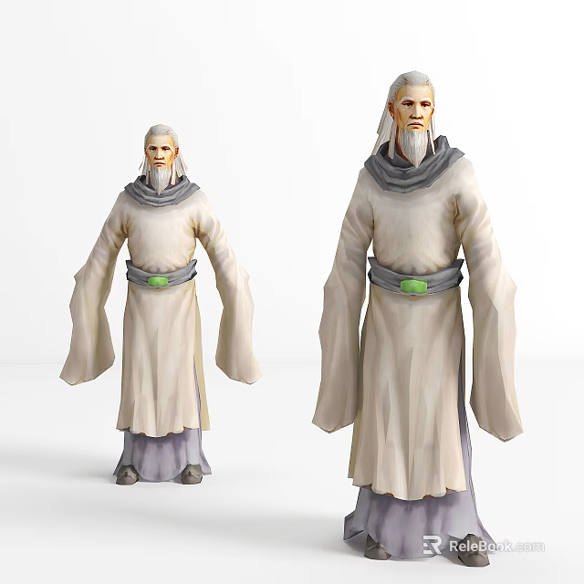 Elderly Game Movie Character In White Robe With Green Belt And Gray Scarf 3d model 