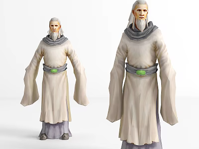 Elderly Game Movie Character In White Robe With Green Belt And Gray Scarf 3d model