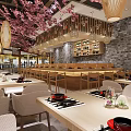 Traditional Japanese Teahouse Interior With Bamboo Structure Cherry Blossom Decor Wooden Counter And Seating Area