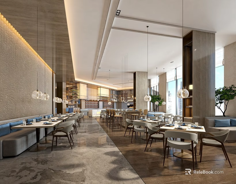 Modern Restaurant Interior With Spacious Dining Area Tables Chairs Hanging Lights And Plants 3d model 