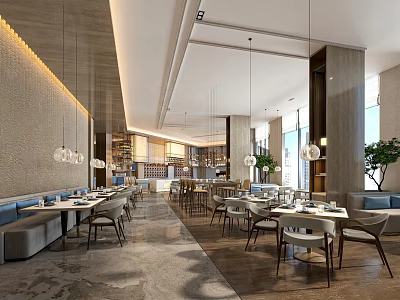 Modern Restaurant Interior With Spacious Dining Area Tables Chairs Hanging Lights And Plants 3d model