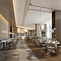 Modern Restaurant Interior With Spacious Dining Area Tables Chairs Hanging Lights And Plants