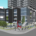 Modern High Rise Office Building With Low Rise Structures And Street Greenery