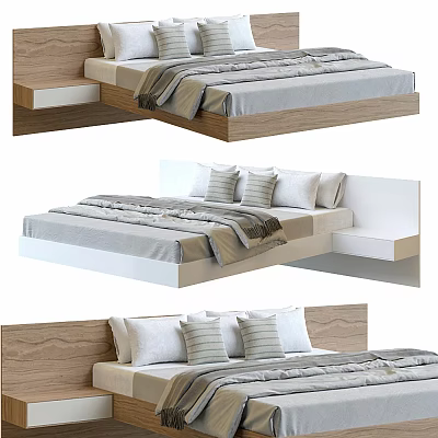 Modern Double Bed With Wooden Headboard And Minimalist Bedding Pillows 3d model