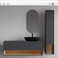 Black Washbasin with Oval Mirror Grey Cabinet and Tall Storage Unit Wooden Base