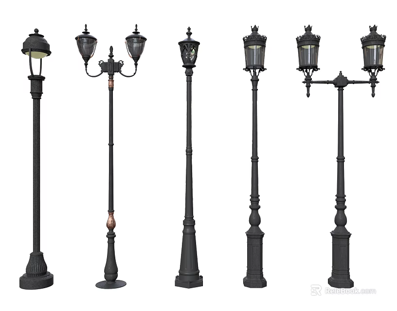 Various Styles of Outdoor Lights with Ornate Lamp Posts and Glass Lampshades 3d model 