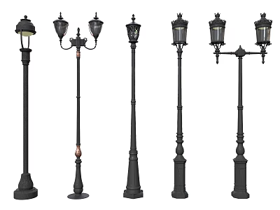 Various Styles of Outdoor Lights with Ornate Lamp Posts and Glass Lampshades 3d model