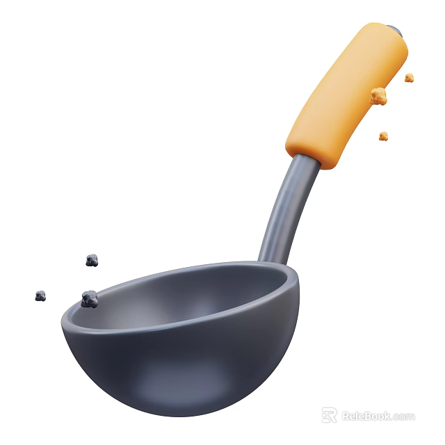 Stainless Steel Kitchen Ladle with Gray Bowl Orange Handle and Splashing Particles 3d model 