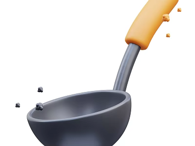Stainless Steel Kitchen Ladle with Gray Bowl Orange Handle and Splashing Particles 3d model