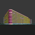 Modern Streamlined Office Building With Glass Facade Trees Pedestrians And Vehicles