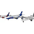 Passenger Plane Models From Different Airlines With Blue And White Livery Displayed In Row