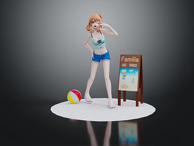 Anime Game Character with Orange Hair Blue Striped Top Blue Shorts by Beach Ball Signboard 3d model