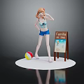 Anime Game Character with Orange Hair Blue Striped Top Blue Shorts by Beach Ball Signboard