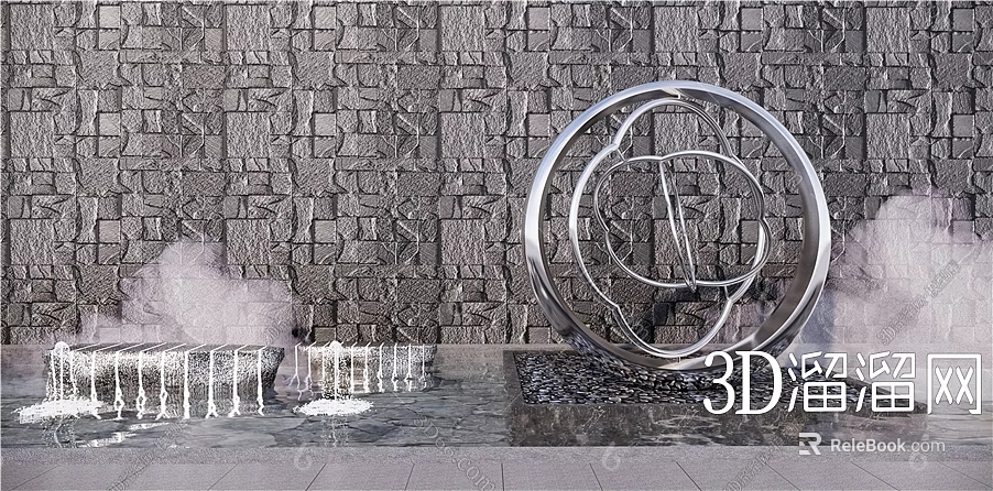 Stainless Steel Circular Sculpture With Stone Wall Background And Water Fountain Feature 3d model 