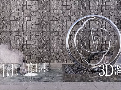 Stainless Steel Circular Sculpture With Stone Wall Background And Water Fountain Feature 3d model