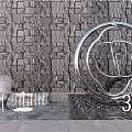 Stainless Steel Circular Sculpture With Stone Wall Background And Water Fountain Feature
