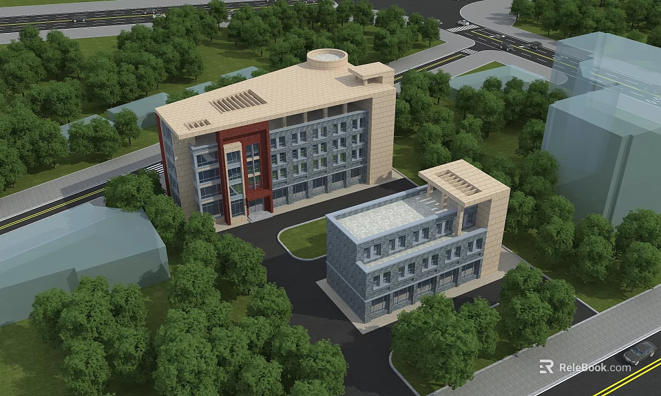Aerial Planning of Modern Building Complex With Green Surroundings and Road Layout 3d model 