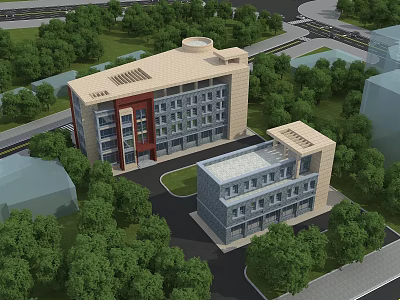 Aerial Planning of Modern Building Complex With Green Surroundings and Road Layout 3d model