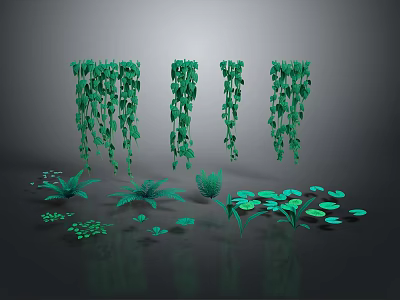 Lush Green Hanging Plants And Various Small Foliage On Dark Reflective Surface 3d model