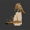 Golden Lion Head Sculpture With Long Sword On Layered Pedestal And Spikes