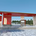 Entrance Gate Featuring Red Roof Golden Decorations Red Walls Columns Glass Door And Stone Steps