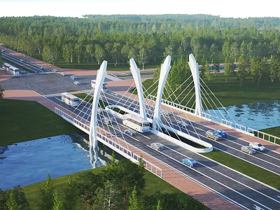 Modern Cable Stayed Bridge With Vehicles Driving Over Scenic River And Green Trees 3d model