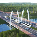 Modern Cable Stayed Bridge With Vehicles Driving Over Scenic River And Green Trees