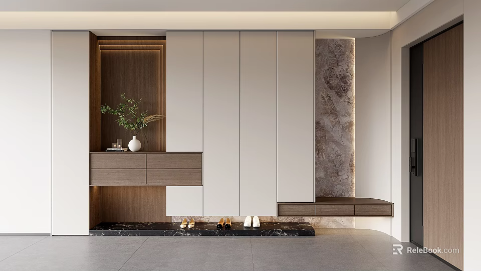 Modern White And Wooden Shoe Cabinet With Green Plant And Shoes In Interior Design 3d model 