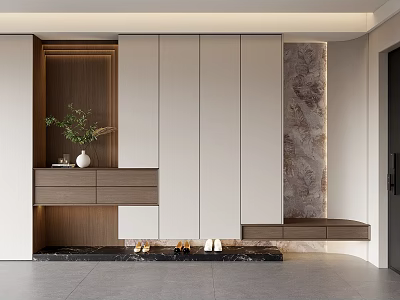 Modern White And Wooden Shoe Cabinet With Green Plant And Shoes In Interior Design 3d model