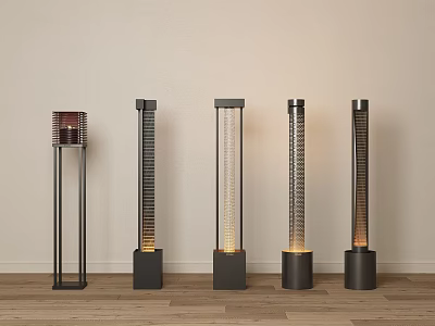 Different Design Floor Lamps with Grille and Cylindrical Black Base Illuminated on Wooden Floor 3d model