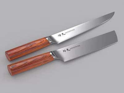 Two Weapon Knives With Silver Blades And Wooden Handles Featuring Carved Patterns 3d model