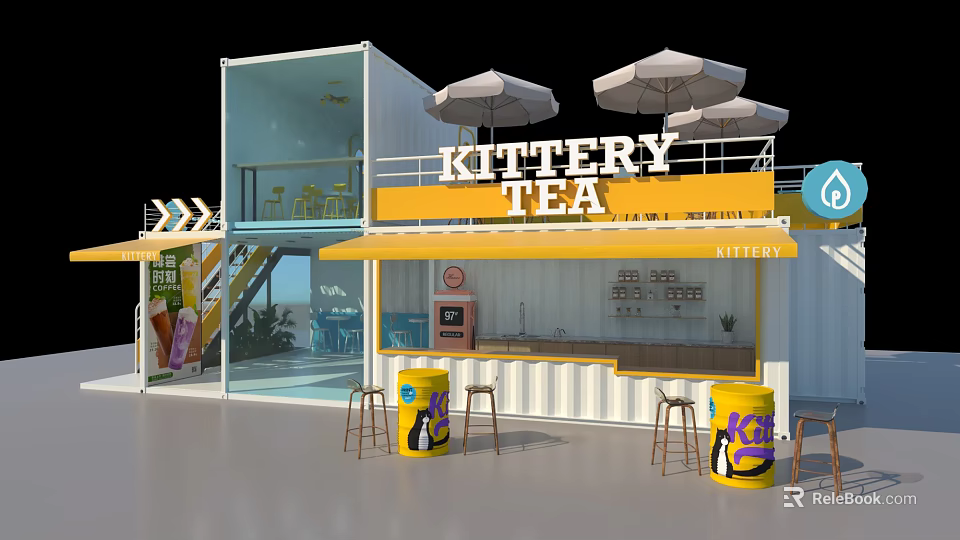 Container Building Tea Shop With Yellow Awning Outdoor Umbrellas And Stools 3d model 