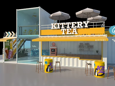 Container Building Tea Shop With Yellow Awning Outdoor Umbrellas And Stools 3d model