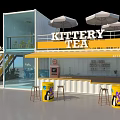 Container Building Tea Shop With Yellow Awning Outdoor Umbrellas And Stools