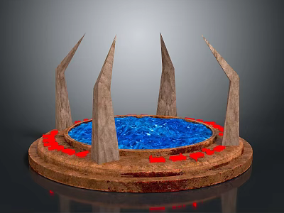 Decorative Circular Stone Platform With Blue Liquid Spiked Pillars And Red Accents 3d model
