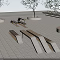 Modern Landscape Seats With Wooden Stone Design In Outdoor Paved Square With Trees