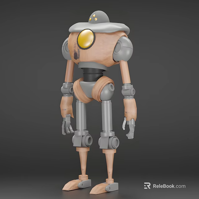 Electric Toy Robot With Wooden Gray Body Yellow Circular Eye And Movable Joints 3d model 