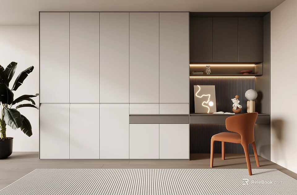 Sleek Modern Built in Wardrobe With White Dark Gray Panels And Ambient Lighting 3d model 
