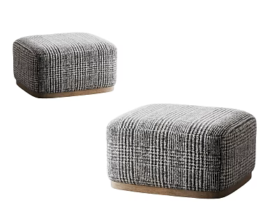 Square Gray Plaid Upholstered Stools With Wooden Base Two Piece Set 3d model